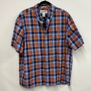 Duluth orange blue plaid short sleeve button down shirt L relaxed fit